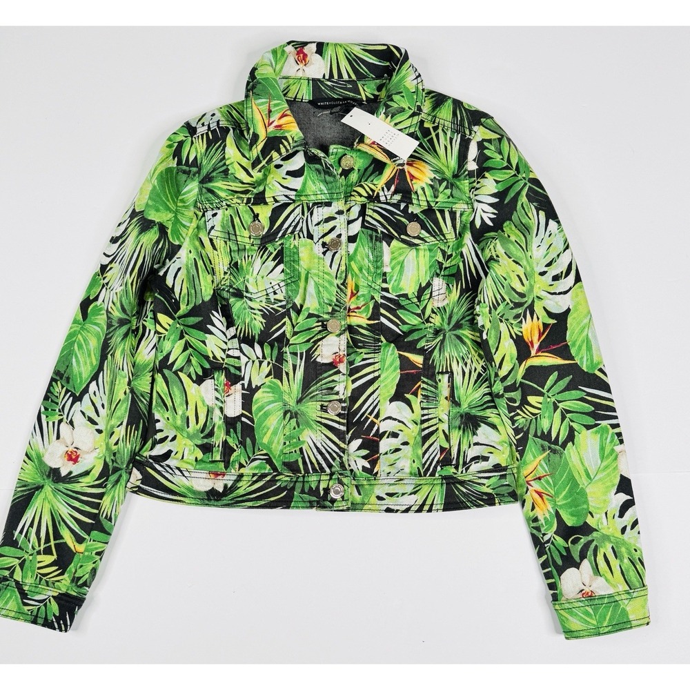 White House Black Market‎ Denim Trucker Jacket Emerald Palms Amazon M *NWT*